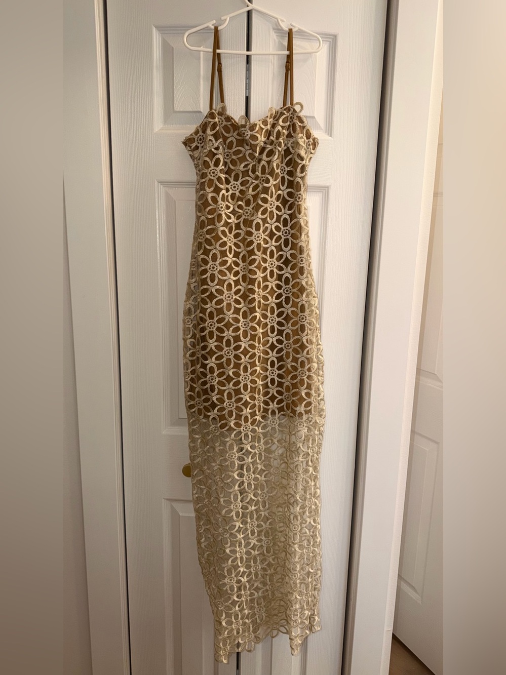 Hello Molly Gold Lace Maxi Dress with Cream Floral Overlay